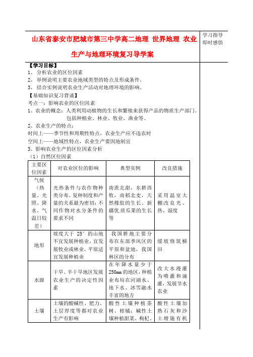 山东省泰安市肥城市第三中学高二地理 世界地理 农业生产与地理环境复习导学案