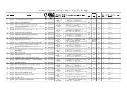 中国药科大学2020年大学生创新创业训练计划立项结果汇总表