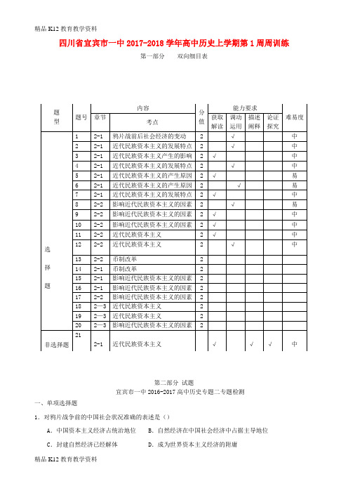 【配套K12】[学习]四川省宜宾市一中2017-2018学年高中历史上学期第1周周训练