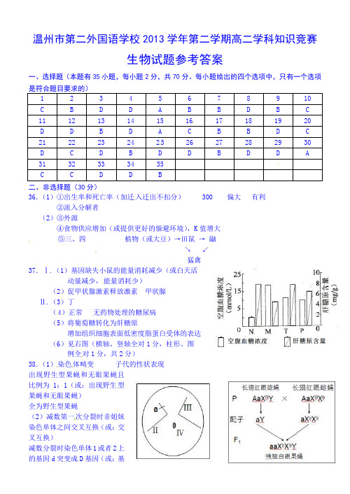 浙江省温州市第二外国语学校2014-2015学年高二下学期知识竞赛生物参考答案