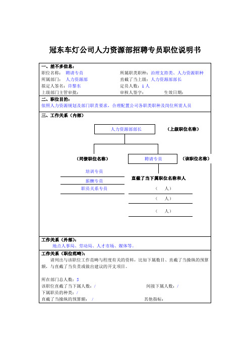 冠东车灯公司人力资源部招聘专员职位说明书