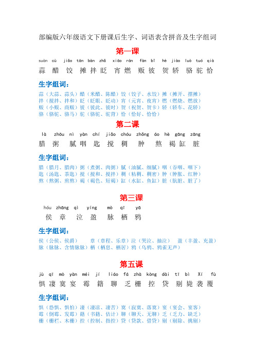 部编版六年级语文下册课后生字、词语表(注音版)及生字组词