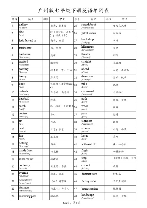 广州版七年级下册英语单词表