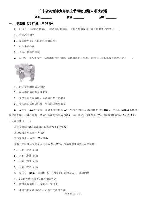 广东省河源市九年级上学期物理期末考试试卷