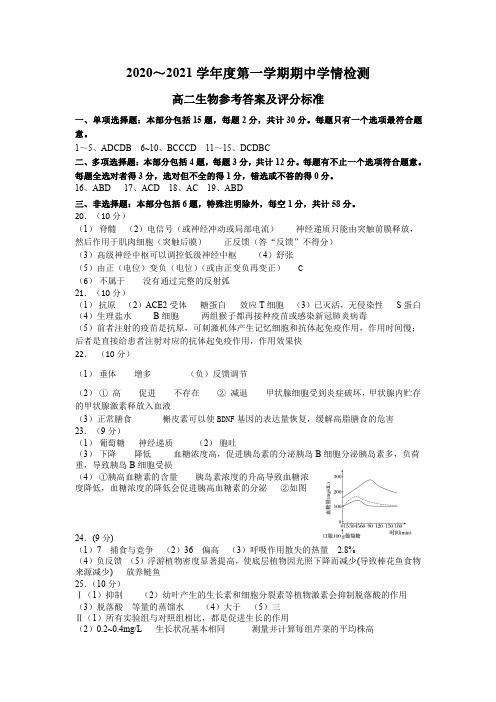 江苏省盐城市2020-2021学年高二上学期期中学情检测生物答