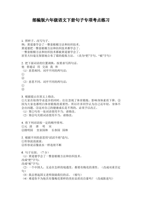 部编版六年级语文下册句子专项考点练习