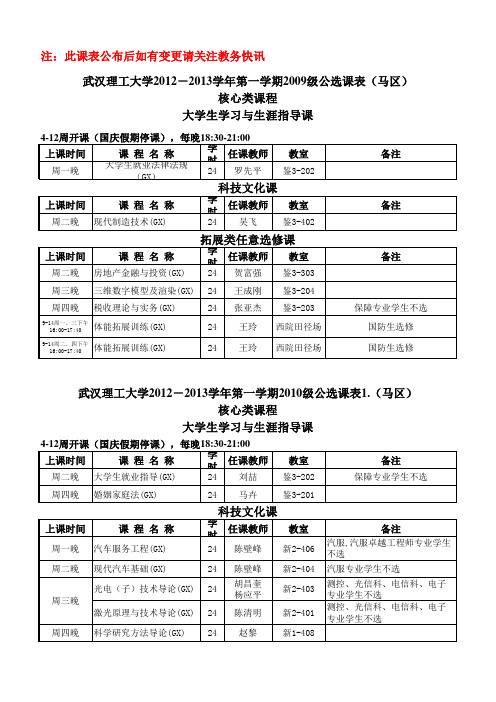 武汉理工大学2012-2013第一学期公选课表