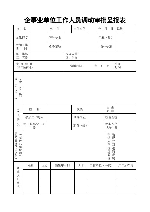 企事业单位工作人员调动审批呈报表