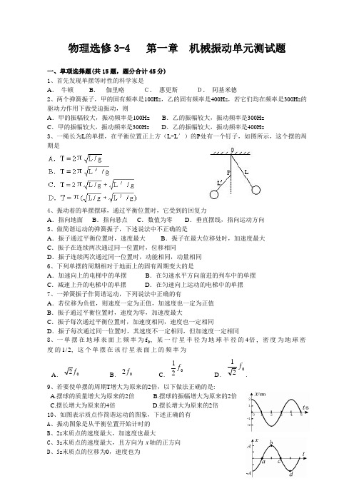 (沪科版)物理选修3-4   第一章  机械振动单元测试题