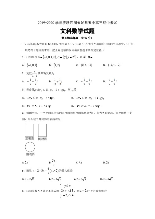 四川省泸县第五中学高三上学期期中考试数学文试题含答案