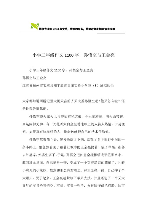 小学三年级作文1100字：孙悟空与王金亮