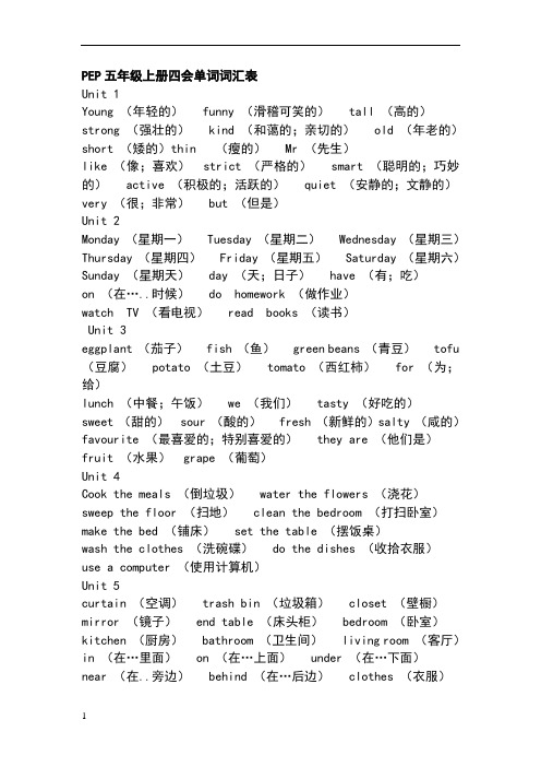 人教版小学五年级英语单词表