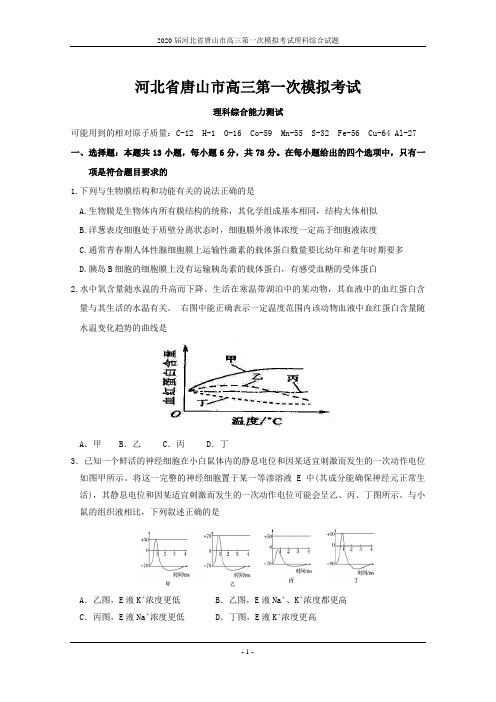 2020届河北省唐山市高三第一次模拟考试理科综合试题