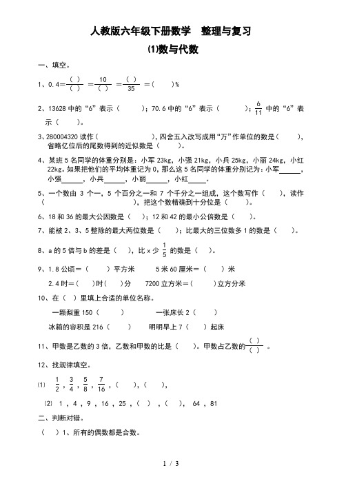 人教版六年级数学下册第六单元整理与复习《数与代数》练习题