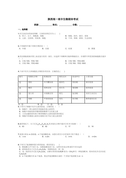 陕西高一高中生物期末考试带答案解析
