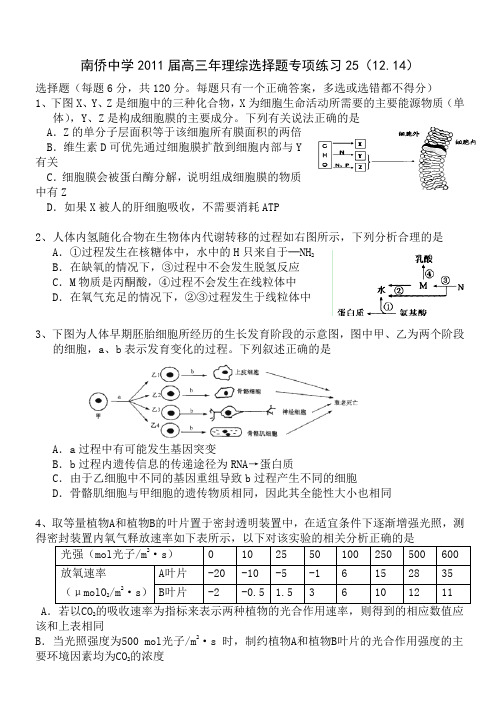 南侨中学2011届高三年理综选择题专项练习25(12.14)