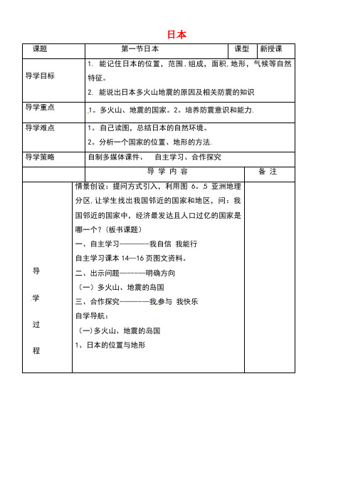 宁夏中卫市七年级地理下册7.1日本(第1课时)学案(无答案)新人教版