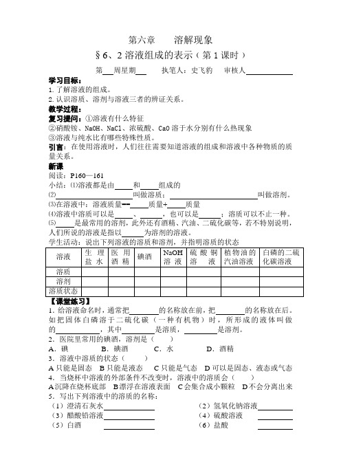 沪教版九年级化学6.2溶液组成的表示(无答案)