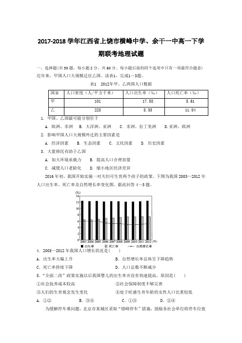 2017-2018学年江西省上饶市横峰中学、余干一中高一下学期联考地理试题Word版含解析