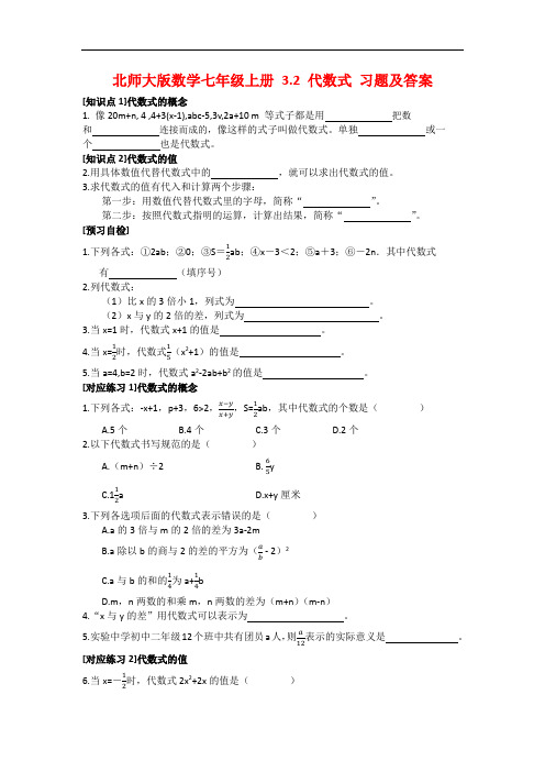 北师大版数学七年级上册 3.2 代数式 课时习题及答案