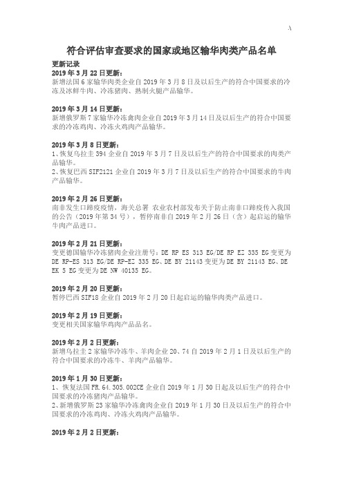 符合评估审查要求的国家或地区输华肉类设备产品详细名单2019年度