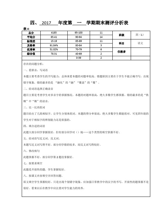 四年级第三单元试卷分析