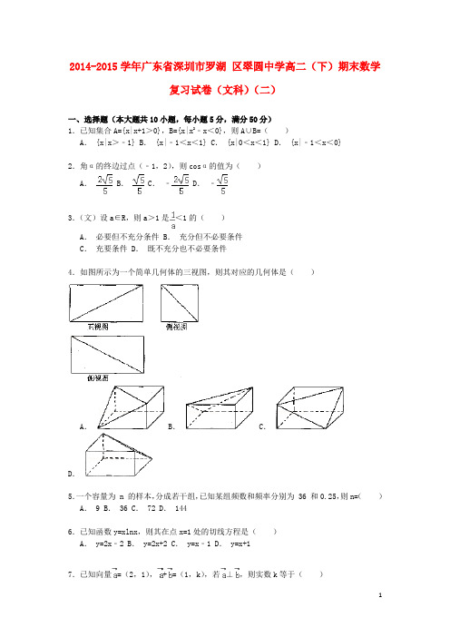 广东省深圳市罗湖区翠圆中学2014_2015学年高二数学第二学期期末复习试卷文二含解析