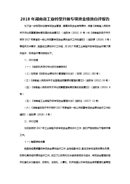湖南省工业转型升级专项资金绩效自评报告