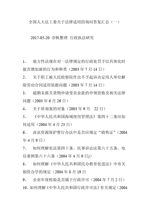 全国人大法工委关于法律适用的询问答复汇总(一)