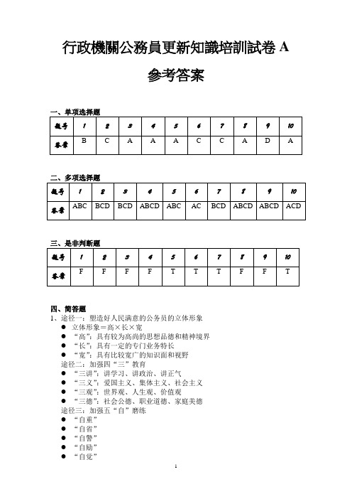 行政机关公务员更新知识培训试卷A参考答案