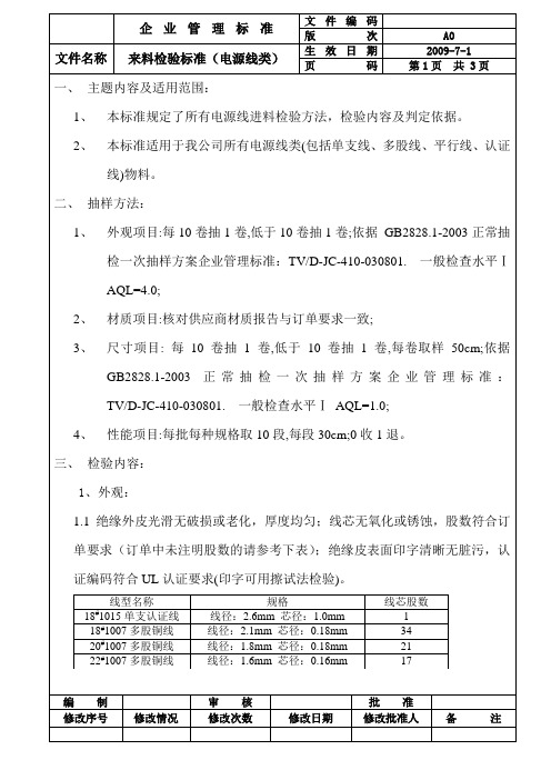 电源线来料检验标准