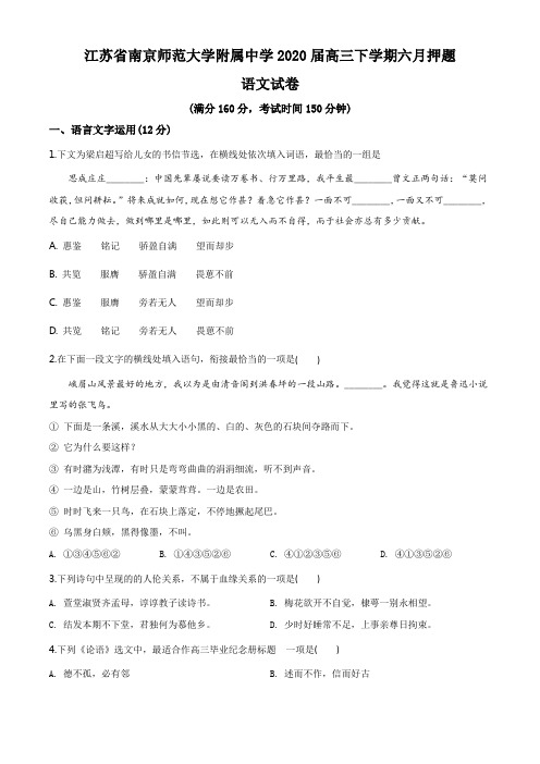 2020届江苏省南京师大附中高三下学期六月押题语文试题