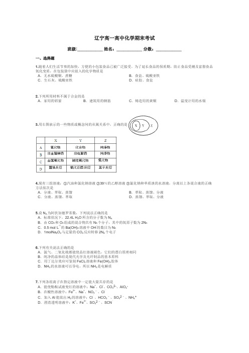 辽宁高一高中化学期末考试带答案解析
