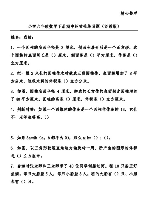 小学六年级数学下册期中纠错性练习题(苏教版)