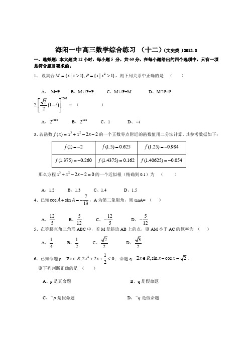 海阳一中高三数学综合练习(十二)(文科)