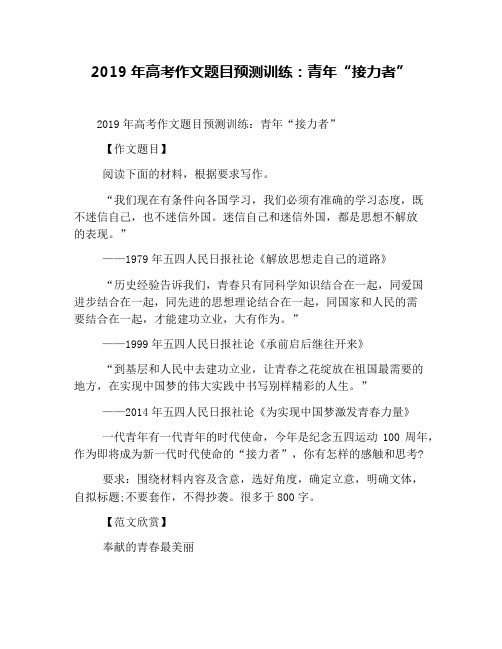2019年高考作文题目预测训练：青年“接力者”