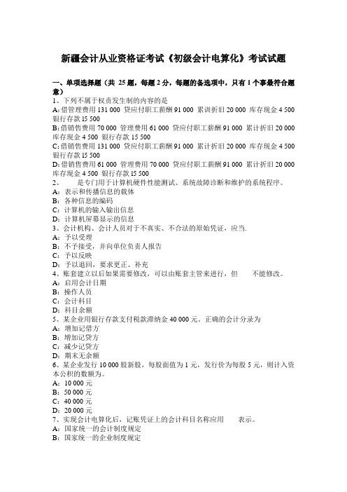 新疆会计从业资格证考试《初级会计电算化》考试试题