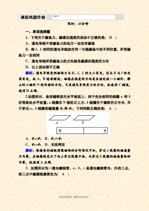 人教版()物理必修第三册课时作业：- 磁感应强度 磁通量