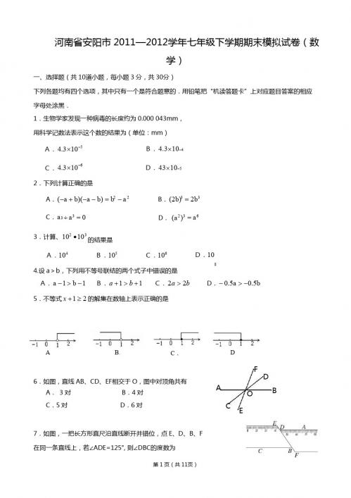 河南省安阳市2011—2012学年七年级下学期期末模拟试卷