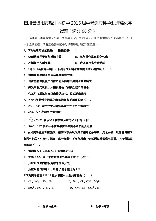 四川省资阳市雁江区初中2015届中考适应性检测理综化学试题