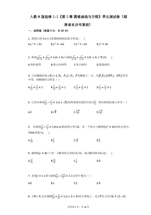 高中数学人教A版选修1-1《第2章_圆锥曲线与方程》单元测试卷((有答案))