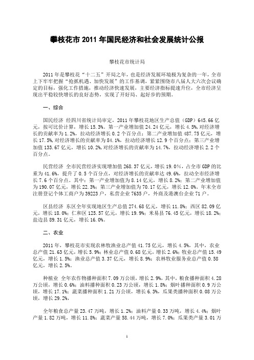 2011年攀枝花市国民经济和社会发展统计公报