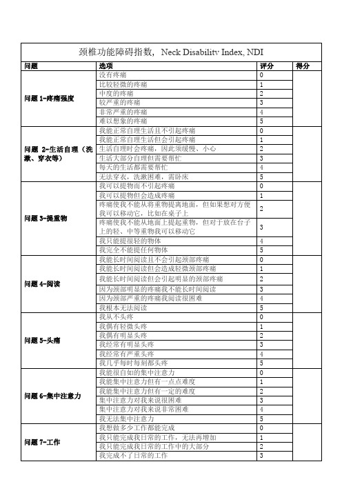 颈椎功能障碍指数, Neck Disabilitv Index, NDI(中文版)