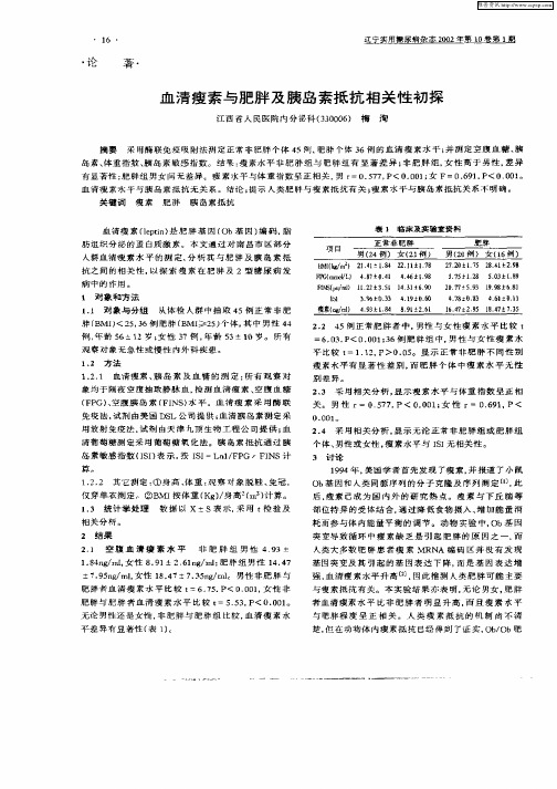 血清瘦素与肥胖及胰岛素抵抗相关性初探