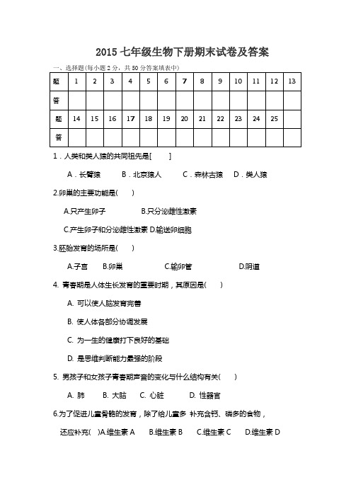 2015七年级生物下册期末试卷及答案