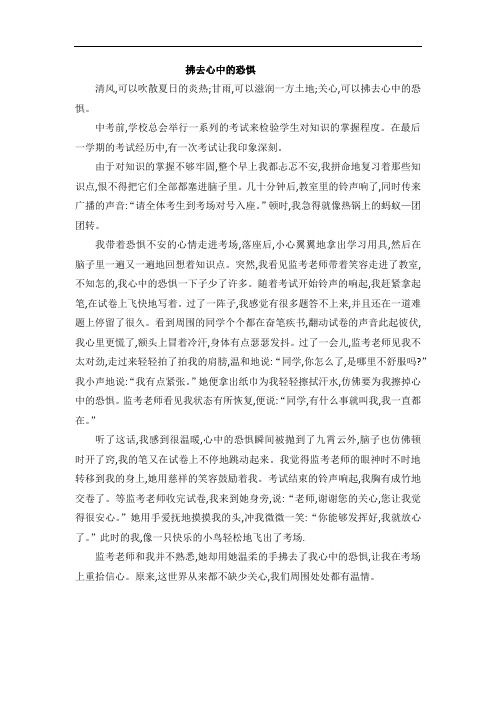 2020中考满分作文(写监考老师)：拂去心中的恐惧