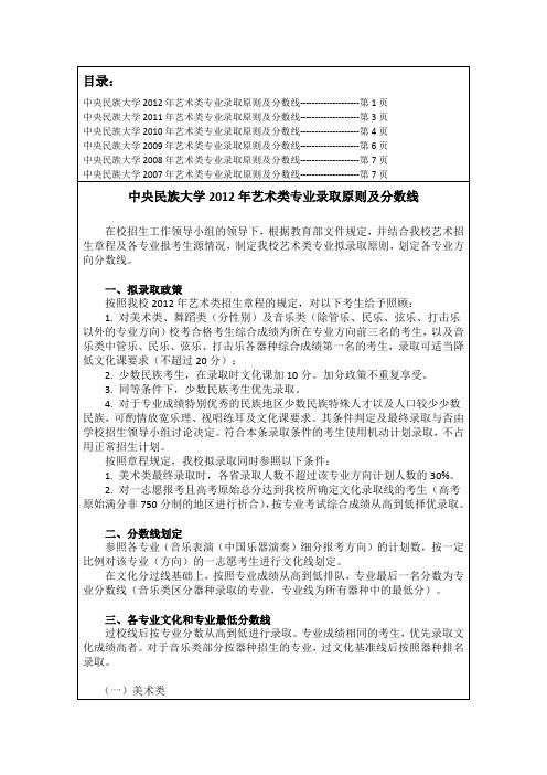 中央民族大学2007到2012年艺术类专业录取原则及分数线