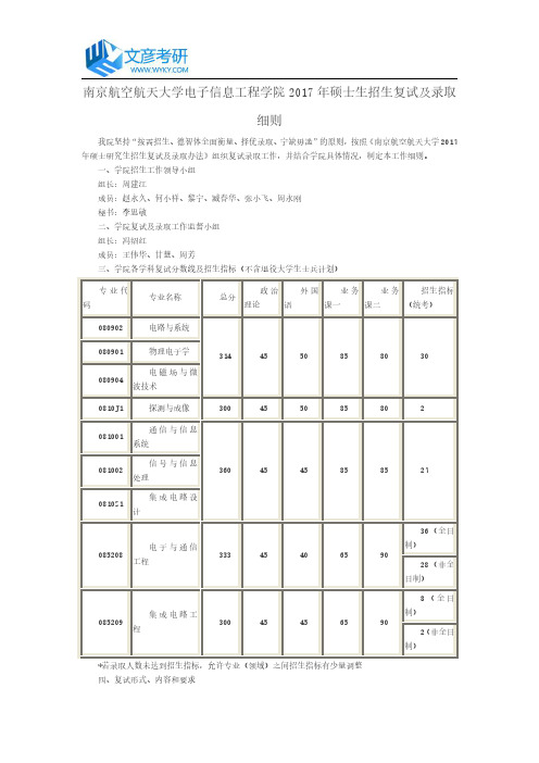 南京航空航天大学电子信息工程学院2017年硕士生招生复试及录取细则_南航考研网