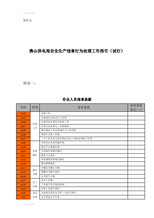 (整理)佛山供电局安全生产违章行为处理工作指引(试行)作业人员违章条款