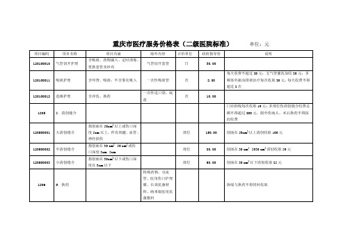 重庆市医疗服务价格表(二级医院标准) 单位元